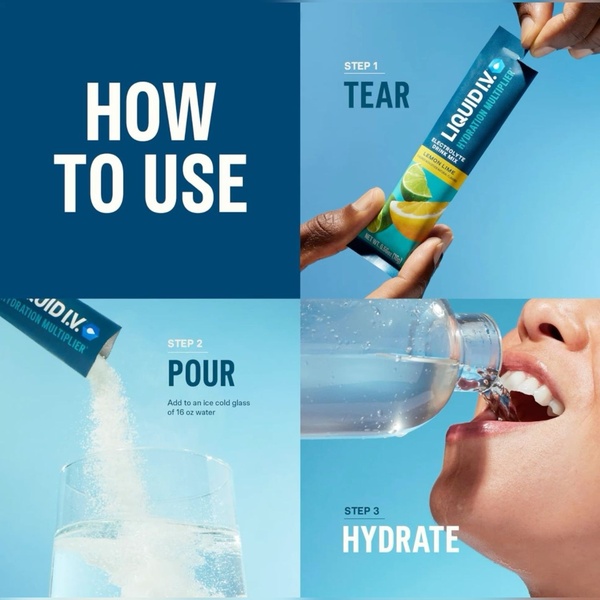 electrolyte drink mix, hydration powder, electrolyte powder, drink mix packets, hydration multiplier, sports hydration mix, brand awareness, product launch, lifestyle, modern typography, fresh, trustworthy, blue, neutral